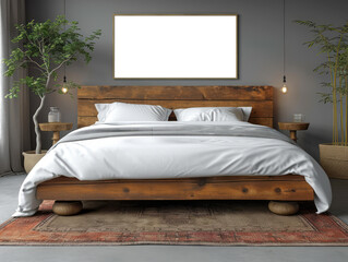 A bedroom interior featuring a bed with white bedding, a rug, plants, and a blank billboard above the bed. Ai generative illustration