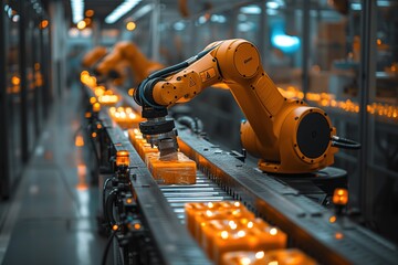 Automated orange robotic arm working on a production line, modern industry machinery in operation