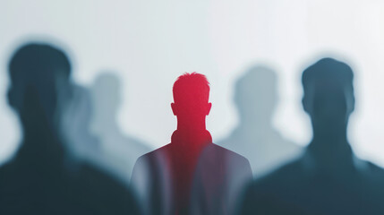 Silhouettes of several people with one colored in red, symbolizing a leader among others in a business or leadership concept. Ai generative - obrazy, fototapety, plakaty