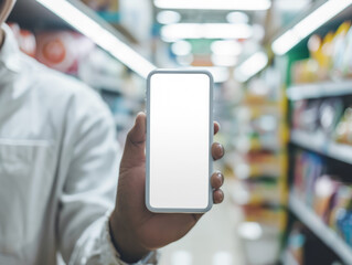 Hand holding a smartphone with a blank screen in a blurred indoor setting. Ai generative illustration