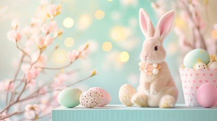 Naklejka na ściany i meble Cute toy rabbit sitting on a podium with Easter eggs and Easter decorations in soft pastel colors against the background of spring flowers