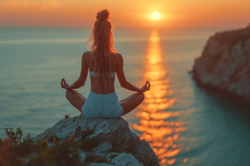 Woman meditating in a yoga pose on a cliff by the sea reflecting on inner peace and mindfulness
