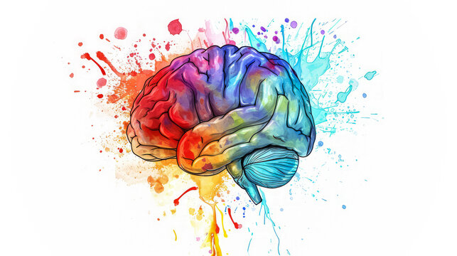 A colorful illustration of a human brain with vibrant splashes of paint symbolizing creativity and brainstorming on a white background. Ai generative