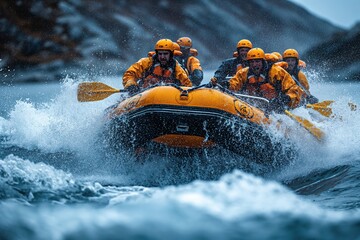 An intense action shot of a group of adventurers tackling a rough whitewater rapids in a raft - obrazy, fototapety, plakaty