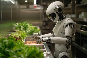 An advanced humanoid robot performing culinary tasks in a commercial kitchen setting with fresh ingredients