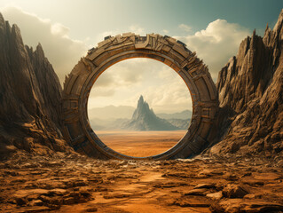 Majestic ancient gateway stands amid desert cliffs under a clear sky. Fantasy landscape. Generative...
