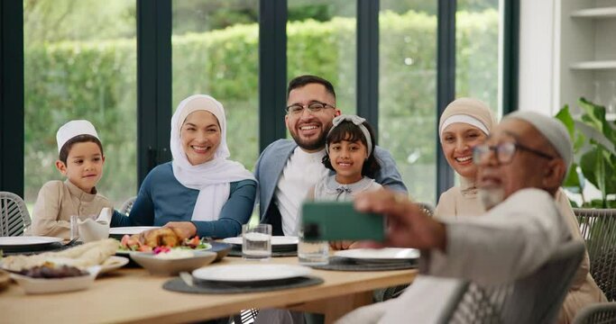 Muslim, selfie or happy family in home at lunch with smile or celebration of Eid or Ramadan in Dubai. Girl child, people eating food or profile picture at dinner or meal with grandparents, dad or mom