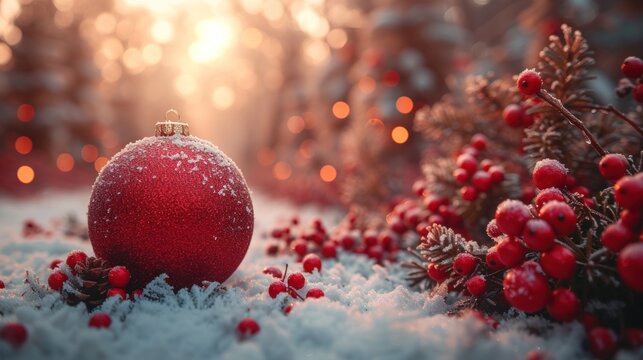  a red ornament sitting on top of a pile of snow covered ground next to a forest filled with pine cones and red berries and pine cones covered in snow.