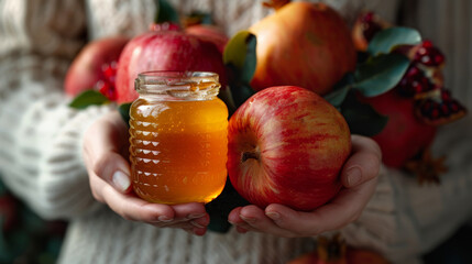 Rosh Hashanah, Jewish New Year Autumn Holiday Concept. Apples, Honey, Pomegranate in woman hands. Traditional Products for Celebration on wooden background, copy space. Generative ai
