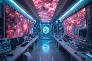 Intricately designed control room in a spaceship with screens displaying galactic images and a commanding view of Earth - obrazy, fototapety, plakaty