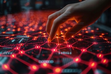 A conceptual image of a human hand touching advanced digital interface with red lights