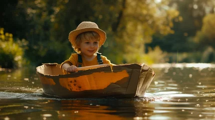 Foto op Canvas Cute kid with paddle playing in handmade cardboard boat while entertaining in countryside at weekend © Ahtesham