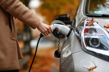 Modern eco-driving: Woman's hands plugging in EV charger