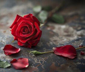 Rosa roja con petalos en una superficie neutra. Fondo romantico para san valentin - obrazy, fototapety, plakaty