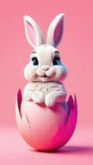 Fototapeta premium Happy Easter banner with cute Easter bunny hatching from pink Easter egg on pastel pink background. Illustration of Easter rabbit sitting in cracked eggshell. Happy Easter greeting card. Copy space.