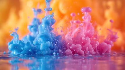  a blue and pink liquid splashing out of the top of a blue and pink liquid bottle into the bottom of a pool of water on a yellow and orange and pink and orange background.