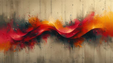 Poster  a painting of a red and yellow wave on a white and grey background with black and red paint splattered on the bottom half of the image and bottom half of the wave. © Wall