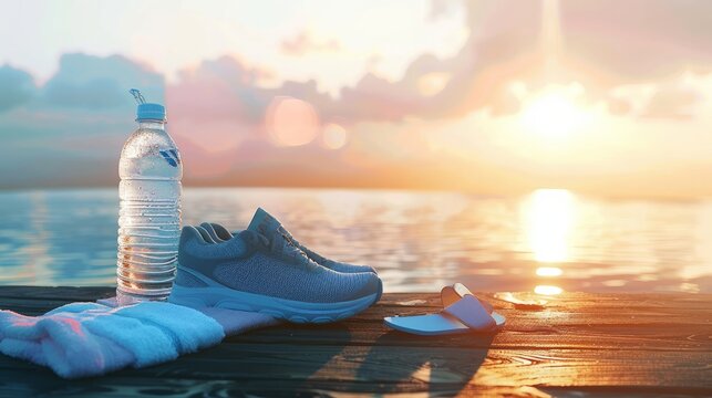 The fitness concept is captured with sport footwear, a towel, and a water bottle arranged on a wooden table against the backdrop of a sunset landscape
