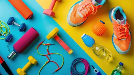 A flat lay image on a colored background featuring fitness equipment such as sneakers, dumbbells, a jump rope, and a bottle of water - obrazy, fototapety, plakaty