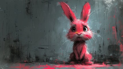  a digital painting of a red rabbit sitting in front of a grungy wall with red paint splatters on it's edges and a black background.