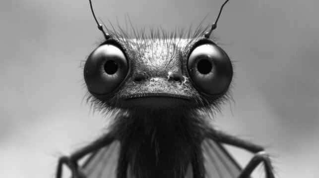  a close up of a bug's face with a lot of wrinkles on it's face and it's eyes are all black and white with a gray background.