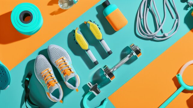 A flat lay image on a colored background features fitness equipment including sneakers, a dumbbell, a jump rope, and a bottle of water