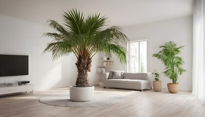 Fototapeta na wymiar Beautiful large palm in the area. one element of the interior design