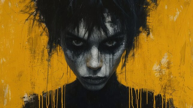  a painting of a man with black hair and white make - up on his face with yellow paint dripping down the side of his face and a yellow wall behind him.