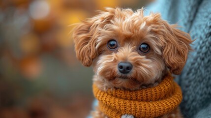  a small brown dog with a yellow scarf around it's neck is looking at the camera with a serious look on his face, while sitting in a blue chair.