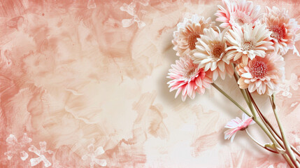 a bouquet of soft pink gerbera daisies against a textured watercolor wash background, copy space