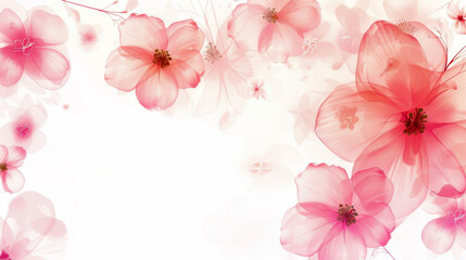 background with delicate, translucent flowers in soft shades of pink, copy space