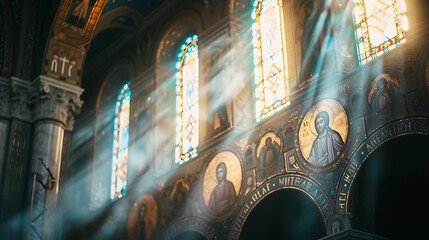 Mosaico Religioso Tesouro no Teto da Catedral Histórica Iluminado por Luz Natural e Vitrais Coloridos - obrazy, fototapety, plakaty
