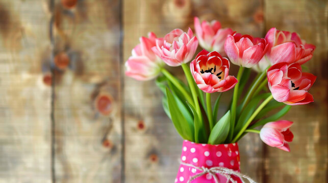 background with a bouquet pink tulips in polka dot vase, copy space, happy mother's day