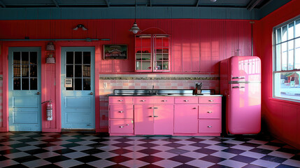 Electric Purple Quirk: Retro Refrigerator in Kitchen Layout