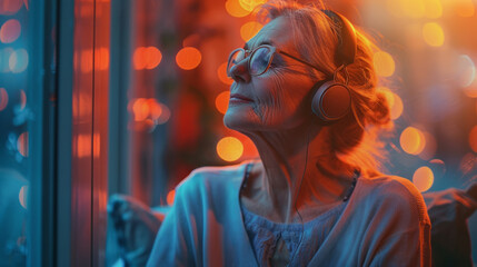 Healing sounds and sound therapy. Sound healing well-being senior mature woman in headset in sound healing therapy and meditation. - obrazy, fototapety, plakaty