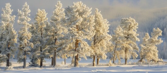A group of trees in Yellowstone Park is covered in snow on a frosty morning. The snow appears as a blanket on the branches and leaves, creating a serene winter scene.