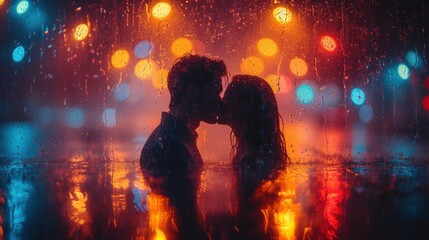 a couple kissing in the rain in front of a brightly lit street light in a city at night with rain drops on the ground and brightly colored lights behind them.