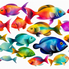 A kaleidoscope of colorful fishes on a clean white backdrop.

