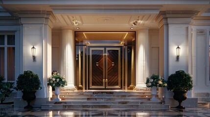 Contemporary entrance to the large white residence