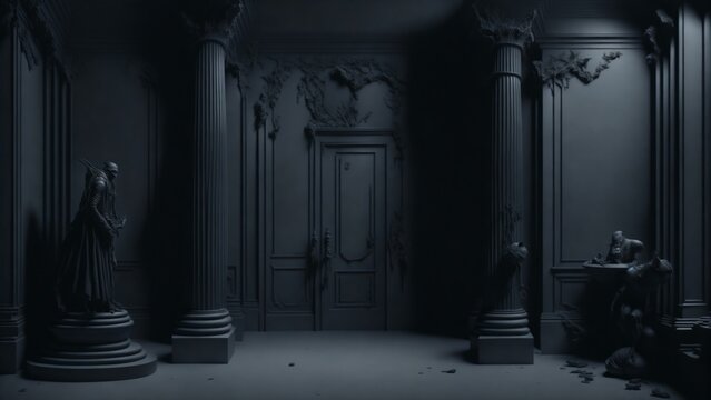 Gothic interior, ornate door with dark decor, eerie ambience, symmetrical composition 16:9