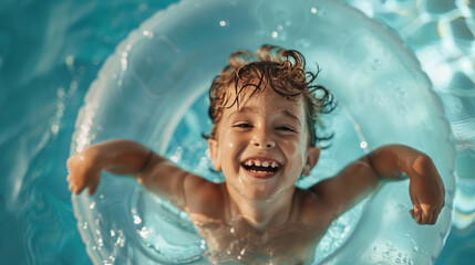 Overjoyed laughing smiling exited child in swimming pool floating on swimming ring