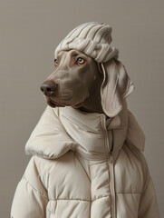 Stylish Weimaraner Dog with Puffer Jacket and White Textured Knit Cap on Neutral Background - Portrait of an Anthropomorphic Dog in Chic Beige Winter Attire