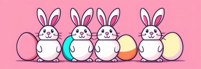 Happy Easter banner with cute Easter bunny hatching from pink Easter egg on pastel pink background. Illustration of Easter rabbit sitting in cracked eggshell. Happy Easter greeting card. Copy space.