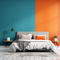 Fototapeta na wymiar Bed against a vibrant orange and blue wall Modern minimalist bedroom interior design