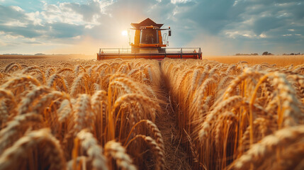 Farmer harvesting ripe wheat with a combine harvester on a sunny day - obrazy, fototapety, plakaty
