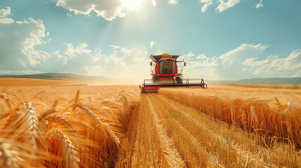 Farmer harvesting ripe wheat with a combine harvester on a sunny day