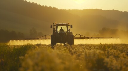 Fototapeta premium Tractor spraying pesticides at soy bean fields. Soybean fields being sprayed with pesticides