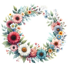Watercolor Floral Wreath on White Scene