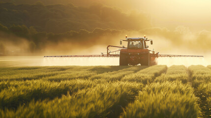 Fototapeta premium Tractor spraying pesticides at soy bean fields. Soybean fields being sprayed with pesticides