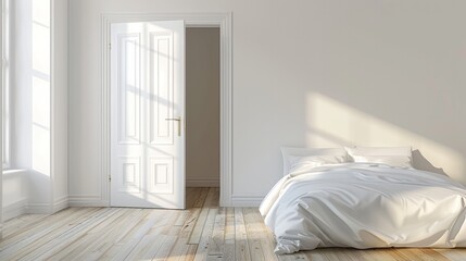 Fototapeta na wymiar The white door opening to modern bedroom interior